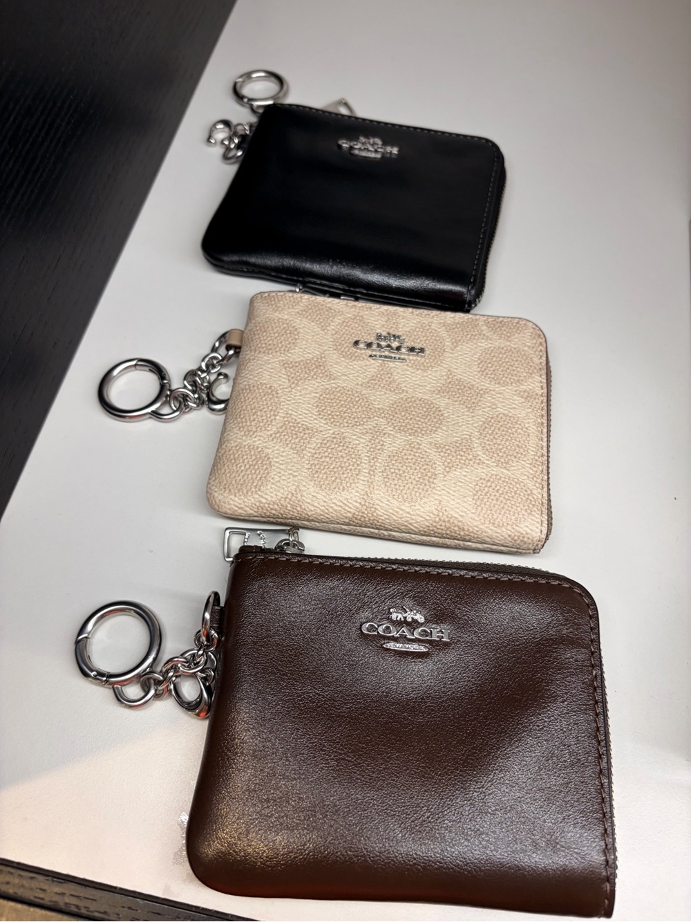 Coach Signature Canvas and Leather Zip Card Key Holder - Brown, Cream, Black